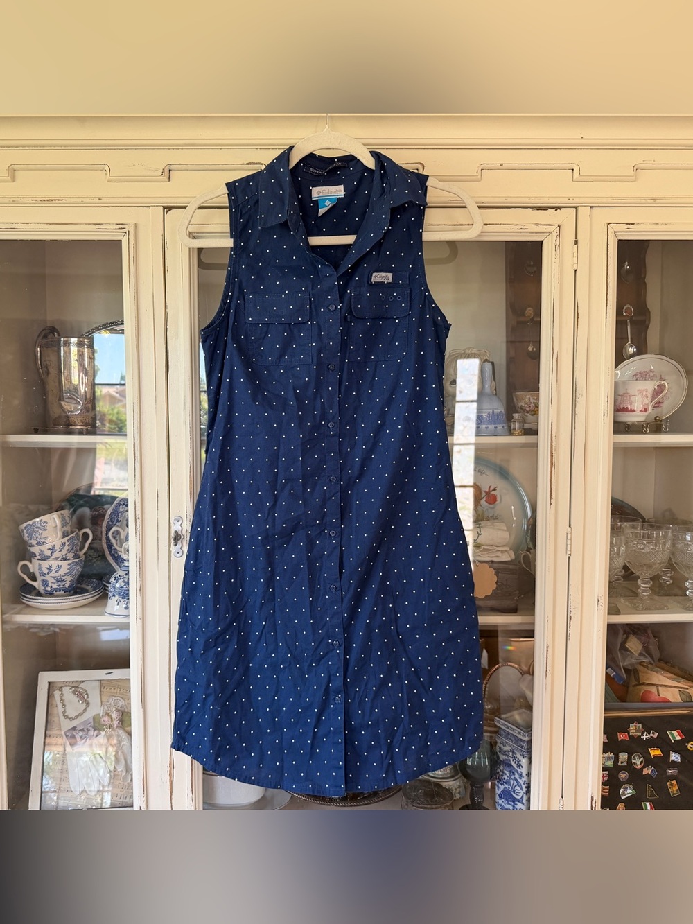 Columbia Navy Blue Polka Dot Sleeveless Shirt Dress